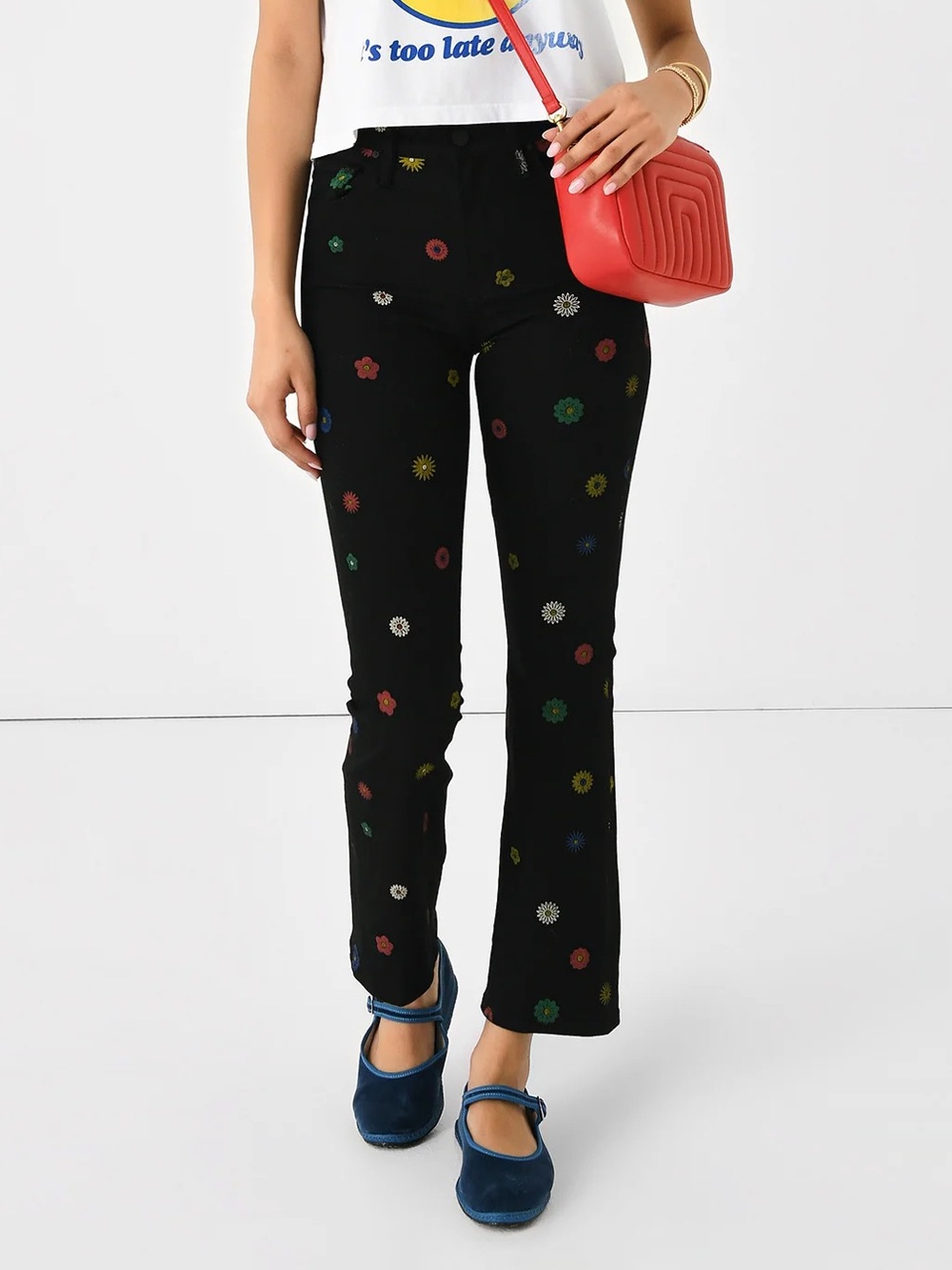 NEW Mother Women’s Insider Flood Jeans Fresh As A Daisy Black Floral Size 25